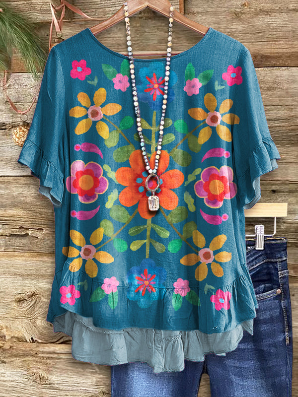 Women's Bohemian Floral Art Print Casual Round Neck Short Sleeve Shirt