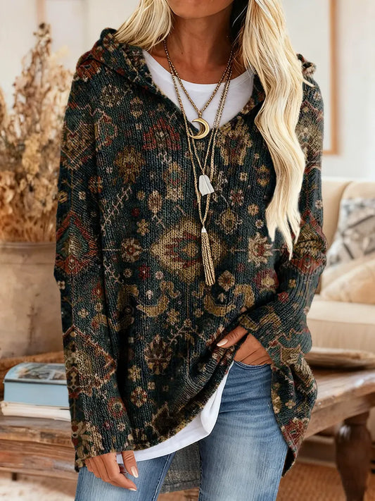 Women's Ethnic Totem Art Pattern Print Casual Knitted Hooded Tunic Top