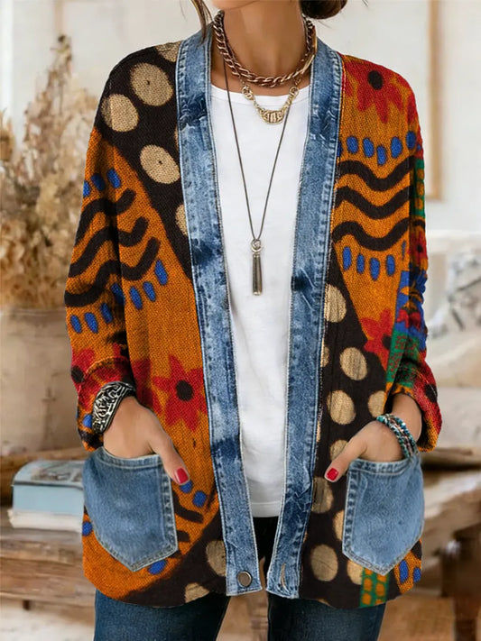 Women's Vintage Bohemian Pattern Art Print Casual Long-sleeved Comfortable Denim Patchwork Cardigan