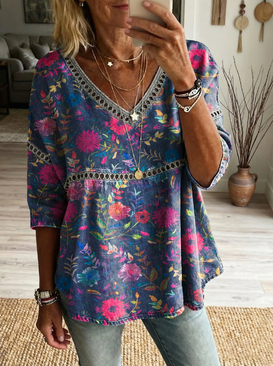 Women'sfloral Art Print Casual V-neck Tie-front Top