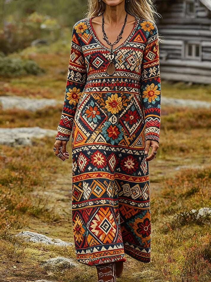 Women's Retro Ethnic Art Print Casual Long-Sleeve V-Neck Cotton Knit Dress