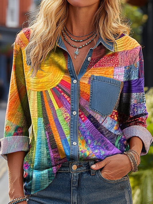 Women's Vintage Bohemian Sun Collage Art Print Casual Cotton Denim Pocket Shirt
