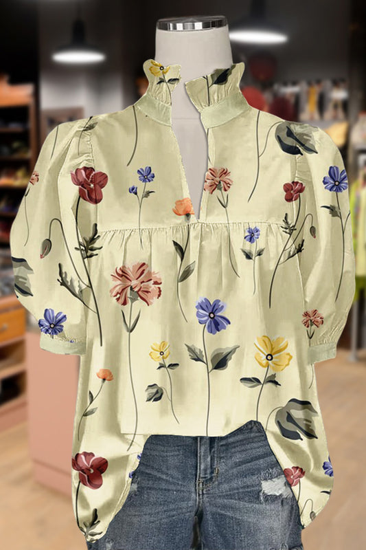 Spring Floral Print Puff Sleeve Top