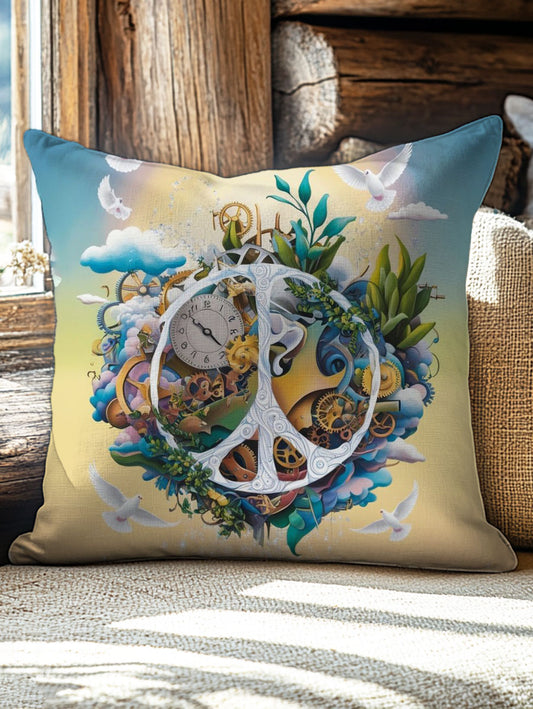 Clock Earth Peace Hippie Peace Dove Pattern Art Print Pillow