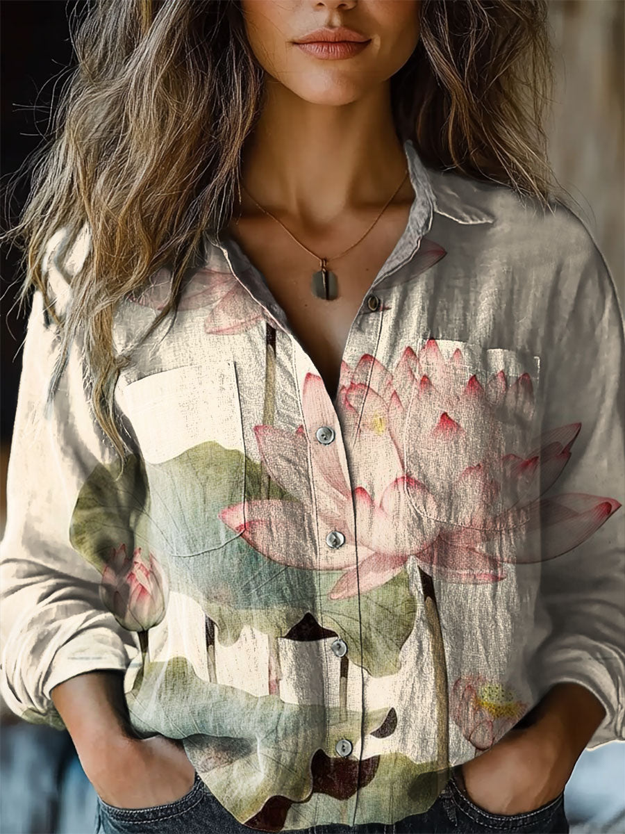 Women's Retro Floral Print Casual Long Sleeve Comfortable Cotton Shirt