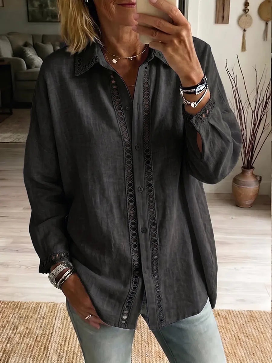Women's Art Print Casual Long Sleeved Hollow-out Cotton Linen Shirt