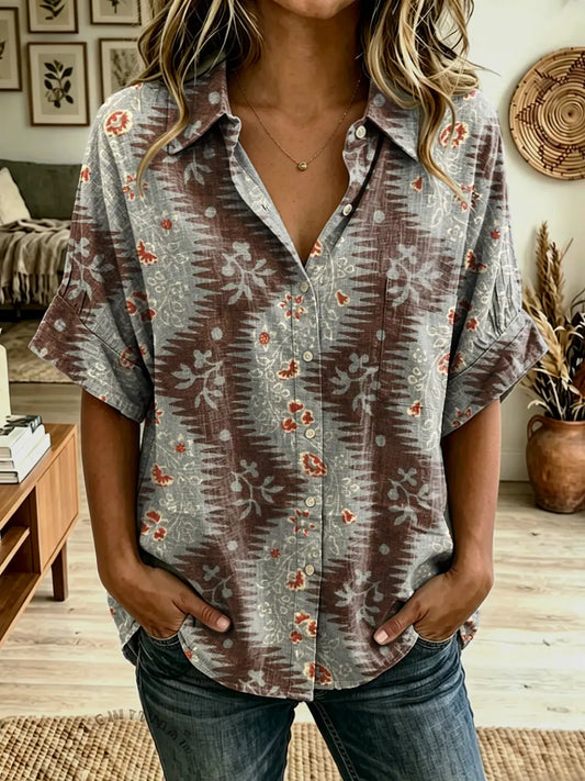 Women's Ethnic Floral Art Print Cotton Pocket Shirt