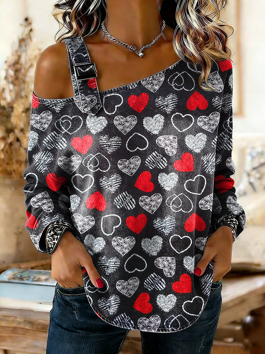 Women's Valentine's Day Black Heart Art Prints Casual Suspenders Strapless Denim Shirts