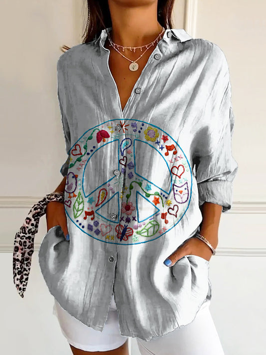 Women's Hippie Peace Love Art Print Casual Cotton Shirt