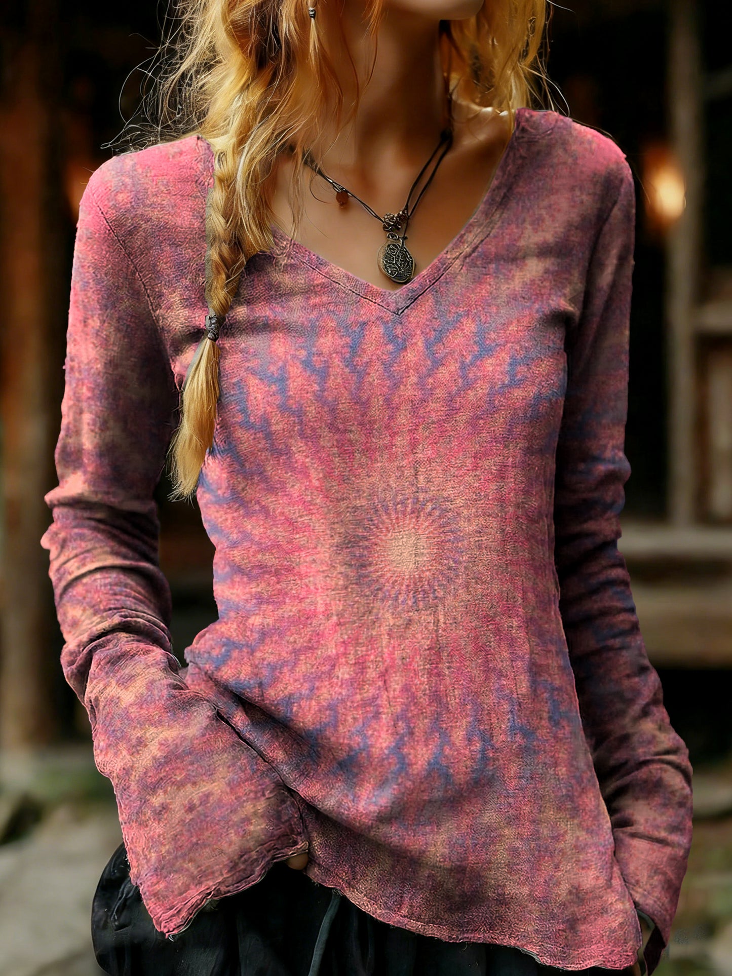 Women's Vintage Ethnic Pink Mandala Art Print Casual V-neck Cotton T-shirt