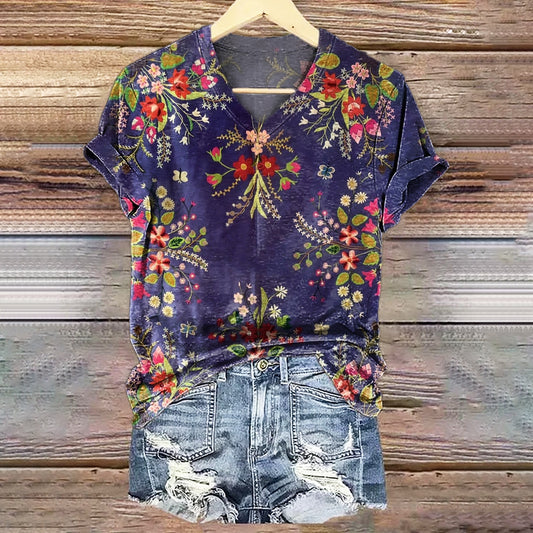 Women's Vintage Folk Art Floral Pattern Print V-neck Casual T-Shirt