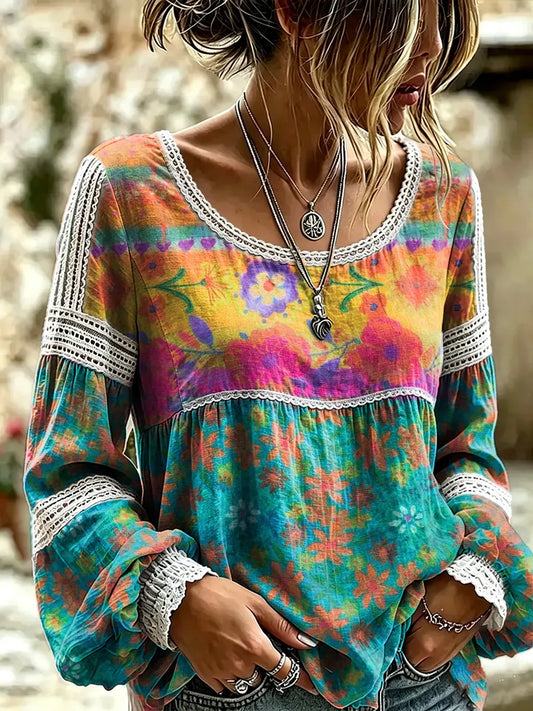 Ethnicity Flowers Patchwork Women's Art Print Casual Lace Print Blouse Shirt