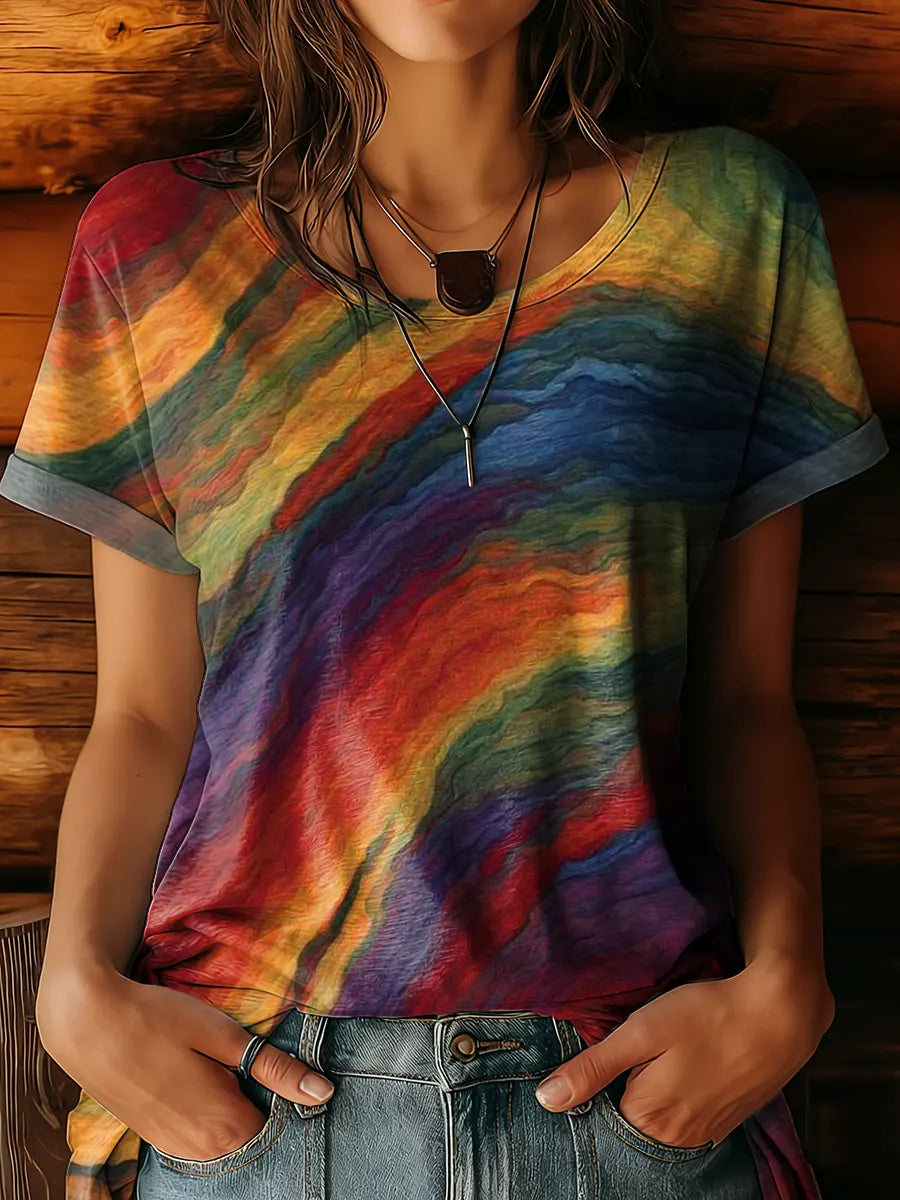 Women's Vintage Oil Painting Tie-dye Art Print Crew Neck Cotton T-shirt