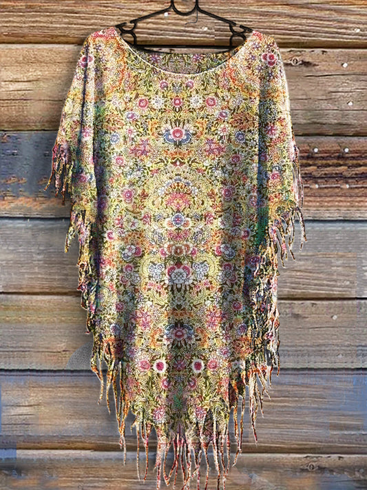 Women's Vintage Floral Art Print Batwing Tassel Fringed Poncho Dress