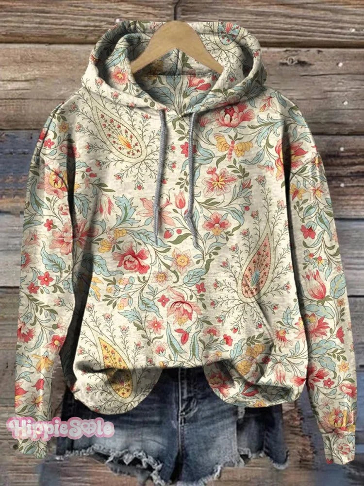 Women's Vintage Paisley Floral Art Print Casual Cotton And Linen Ruffle Shirt