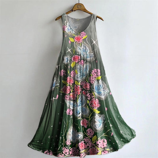 Women's Butterfly Floral Pattern Art Print Round Neck Sleeveless Cotton Pocket Dress