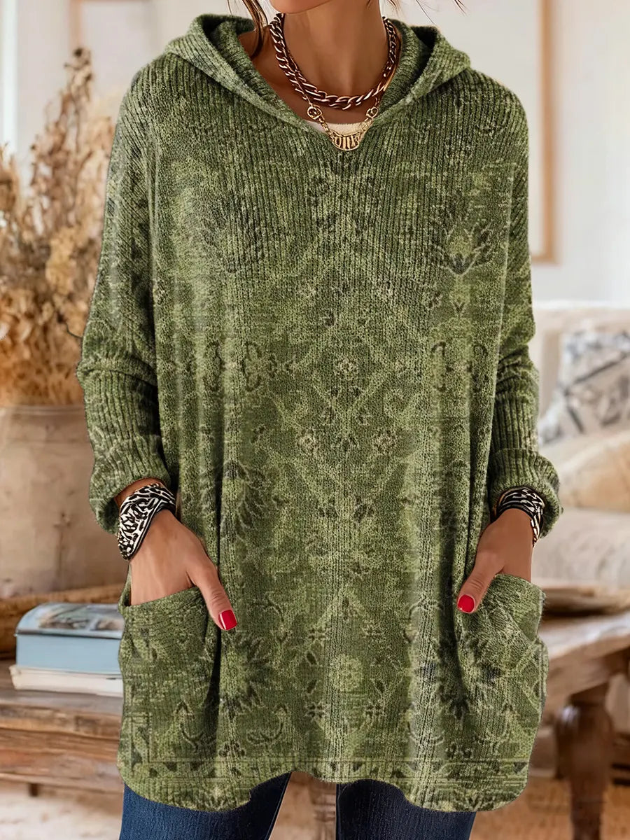 Ethnicity Geometry Flowers Green Women's Print Casual Long Sleeve Hooded Sweater