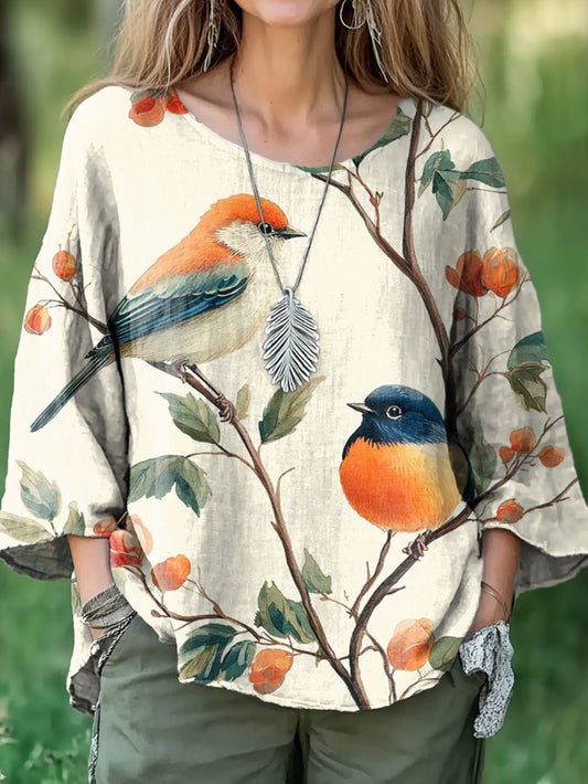 Women's Flowers and Birds Floral Print Casual Cotton And Linen Shirt