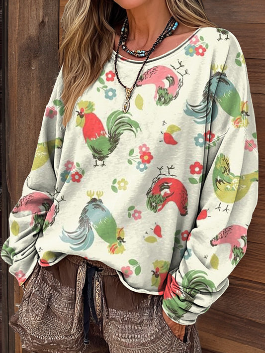 Ladies Retro Cute Floral Chicken Art Printed Casual Round Neck T-shirt