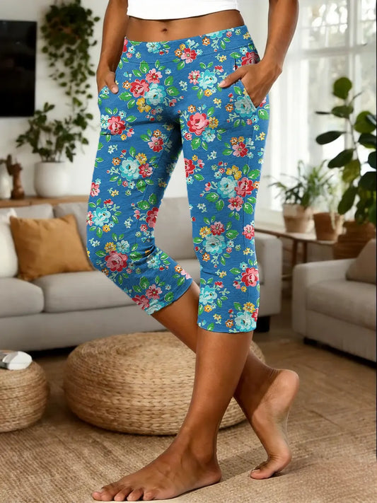 Women's Vintage Blue Floral Art Print Casual Leggings