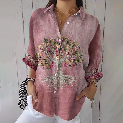 Women's Breast Cancer Consciousness Tree Of Life Webbing Long Sleeves Shirt