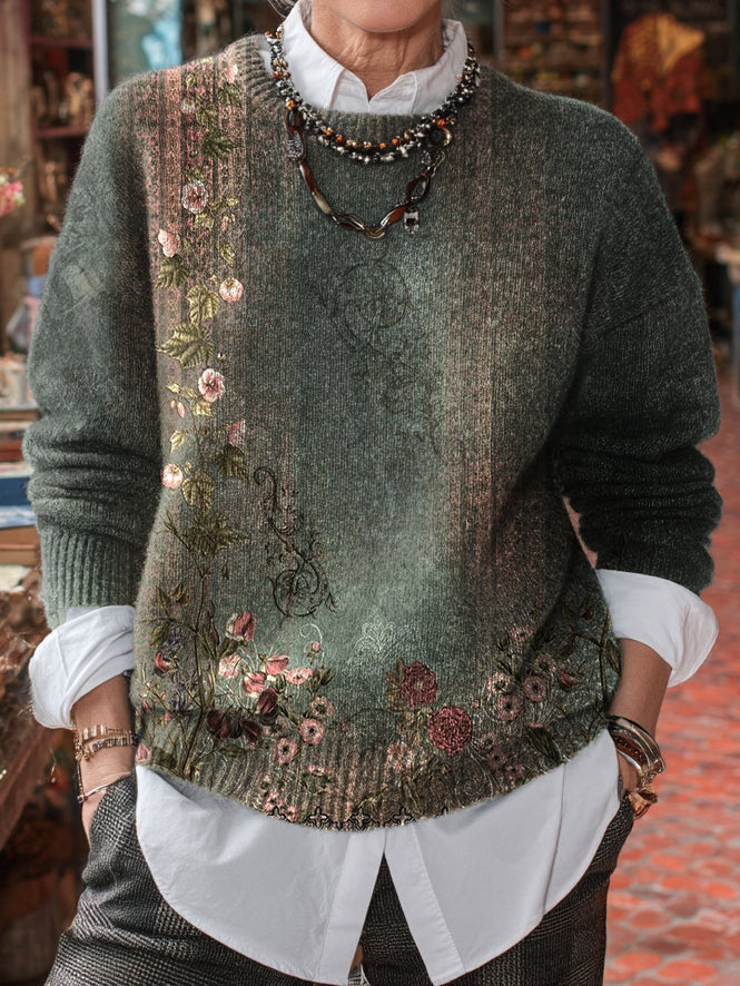 Women's Retro Green Flower Art Print Knit Casual Pullover Sweater
