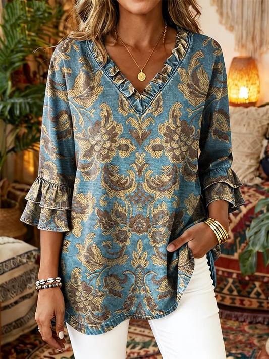 Ethnicity Retro Flowers Women's Art Print Casual V-neck Ruffled Washed Top