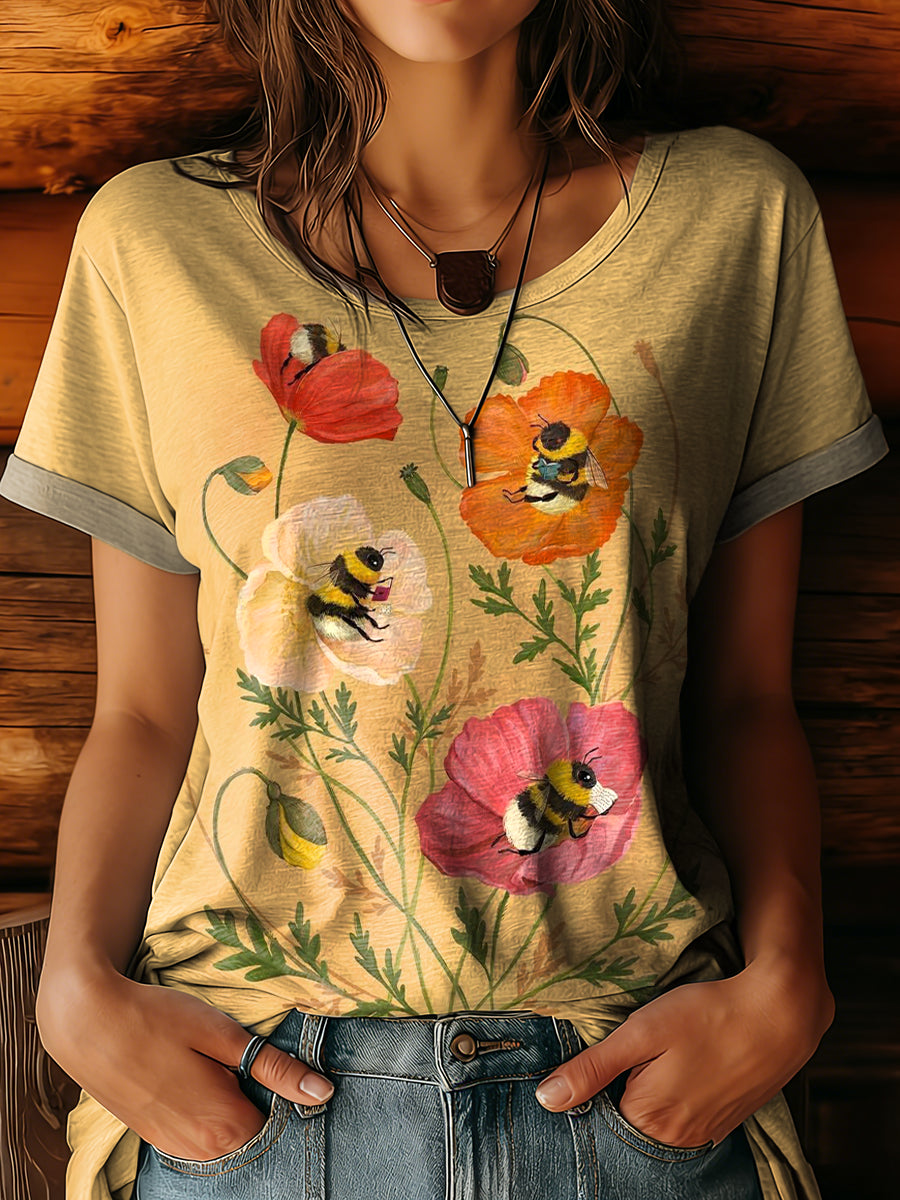 Women's Vintage Yellow Cute Bee Floral Art Print Casual Round Neck Short Sleeve Cotton T-shirt