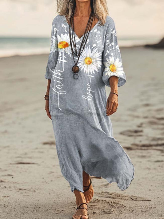 Women's Daisy Art Print Pocket Cotton Dress