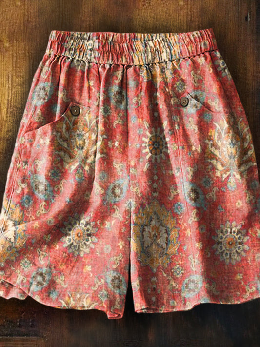 Women's Retro Ethnic Totem Art Printed Casual Pocket Cotton and Linen Shorts