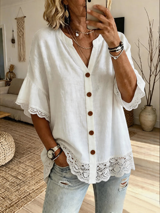 Women's V-Neck Top with Lace Splicing