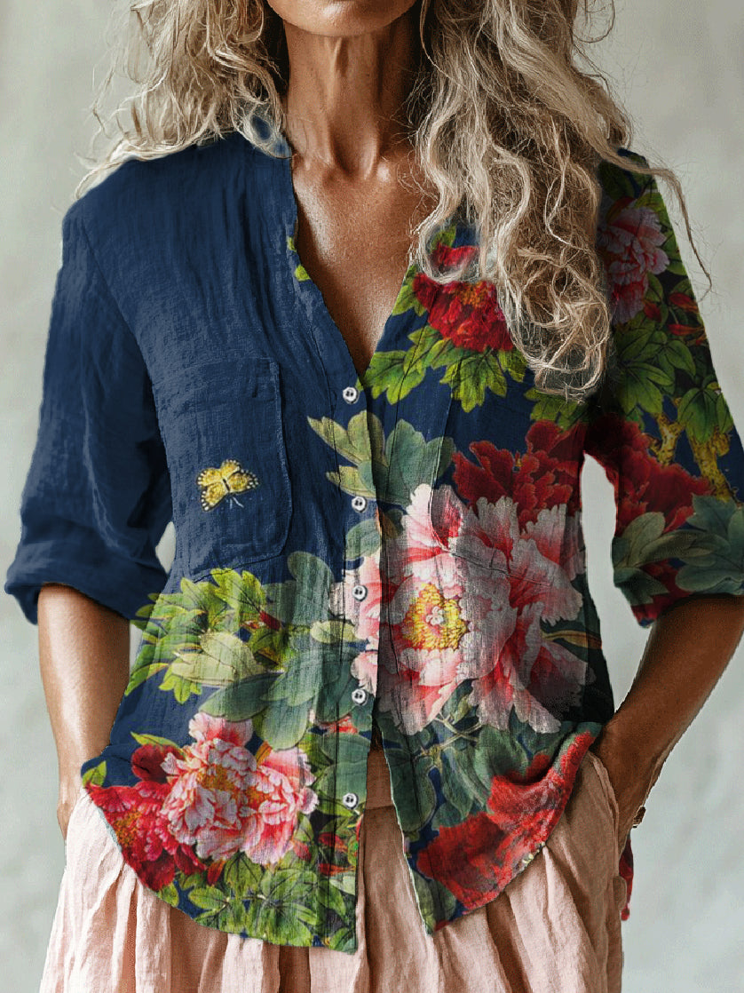 Women's Retro Floral Print Casual Long Sleeve Comfortable Cotton Shirt