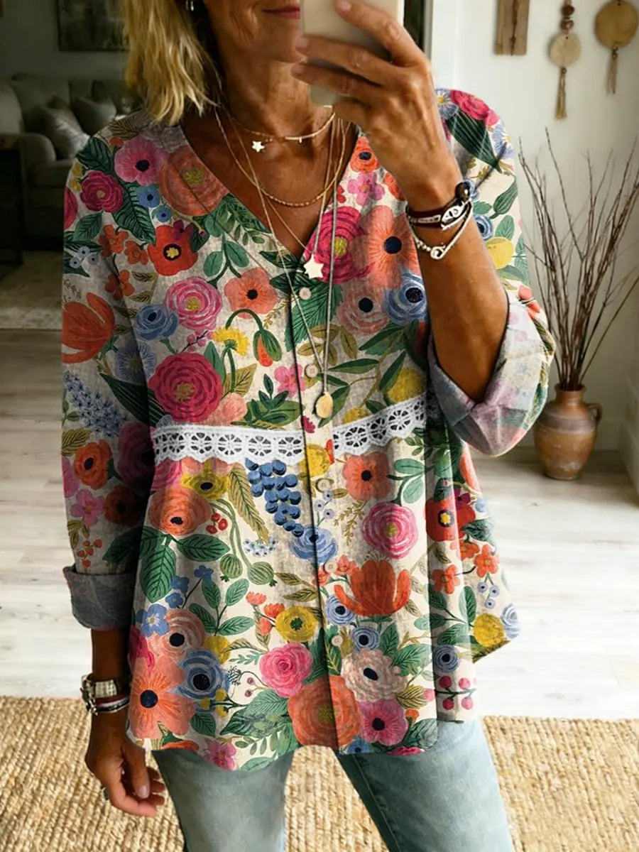 Women's Boho Floral Art Print V-Neck Lace Shirt
