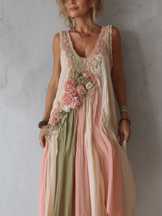 Women's Vintage Rose Floral Color Block Pattern Sleeveless Dress