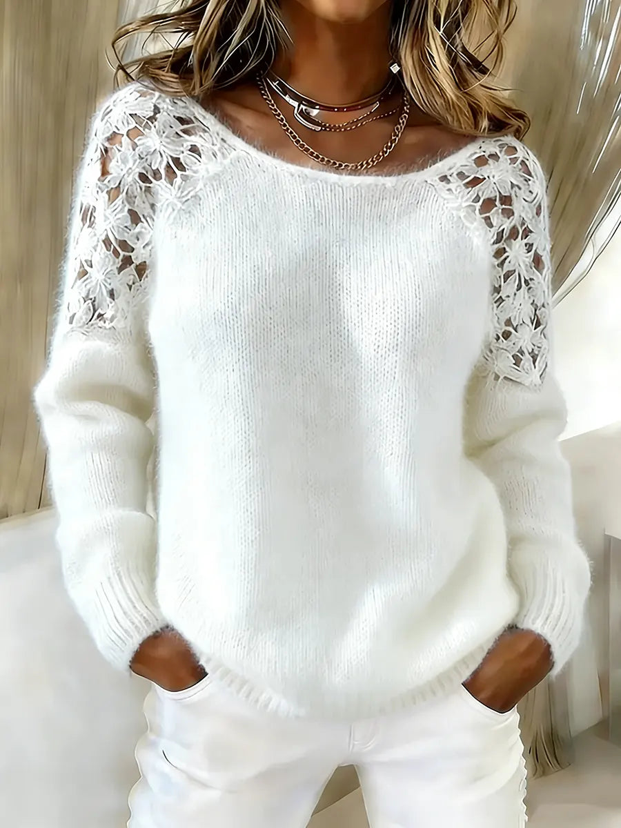 Women's Lace Patchwork Long Sleeve Crew Neck Sweater