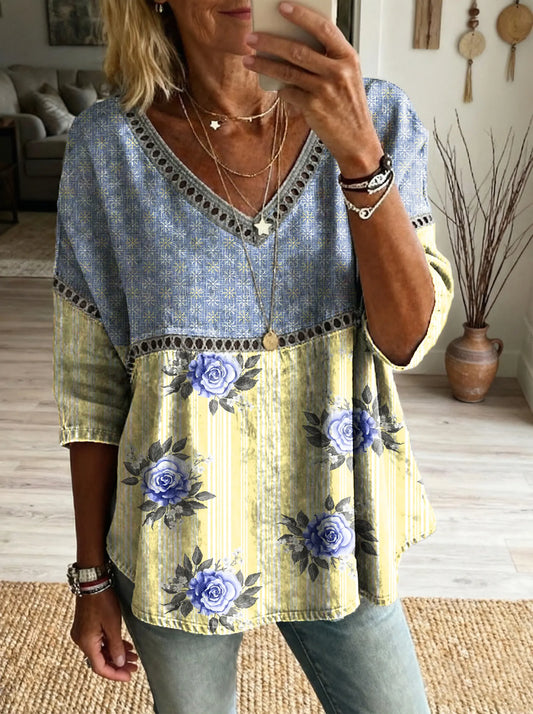 Women's Floral Pattern Art Print Casual V-neck Lace-up Top