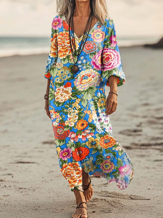 Women's Floral Art Print Pocket Cotton Dress