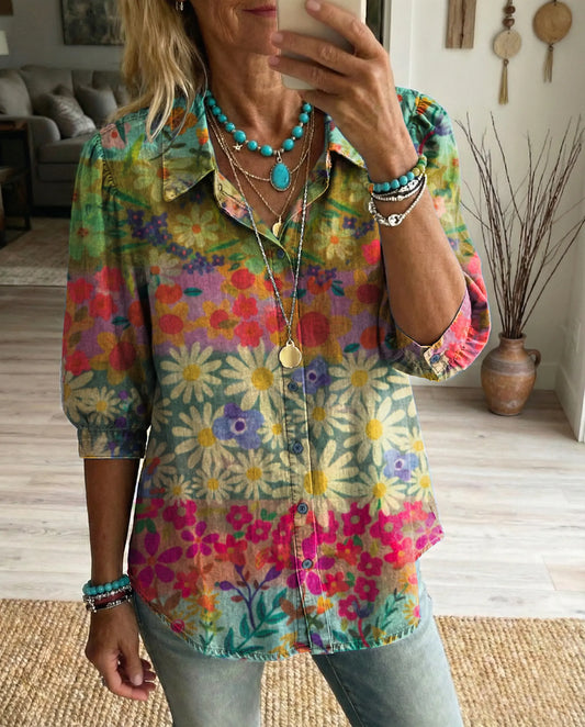 Women's Colorful Striped Floral Print Art Print Casual Washed Collared Short-Sleeve Top
