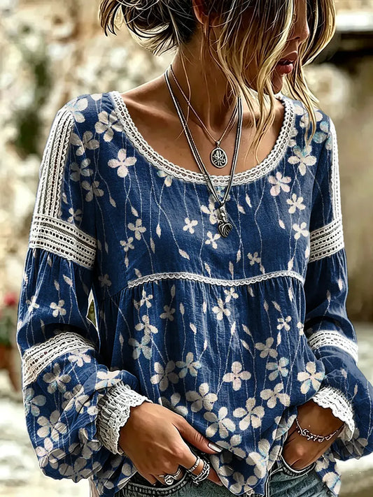 Ethnicity Flowers Geometry Women's Art Print Casual Lace Print Blouse Shirt