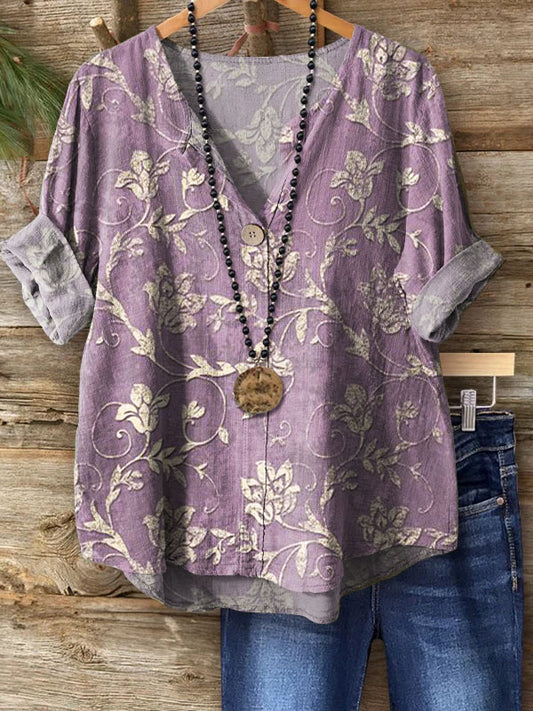 Women's Folk Floral Art Print Casual Cotton Linen Shirt