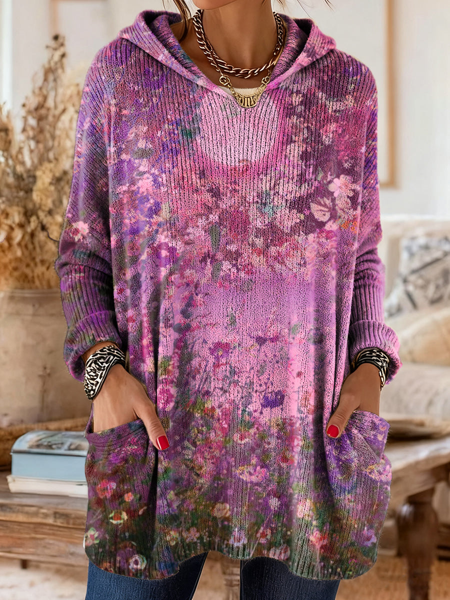Women's Colorful Floral Art Print Casual Knitted Pocket Hooded Top