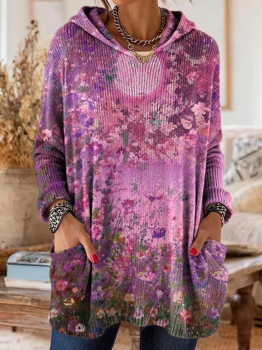 Women's Colorful Floral Art Print Casual Knitted Pocket Hooded Top