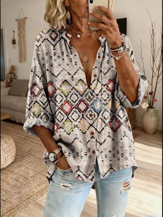Ethnicity Geometry Women's Vintage Art Print Casual Shirt