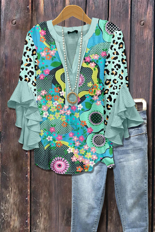 Vintage Floral Print V-Neck Top