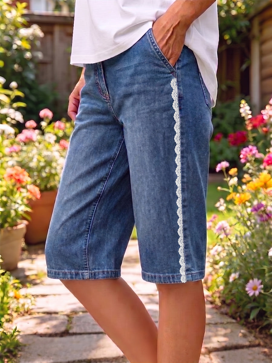 Women's Art Print Casual Cotton Denim Lace Edge Pants
