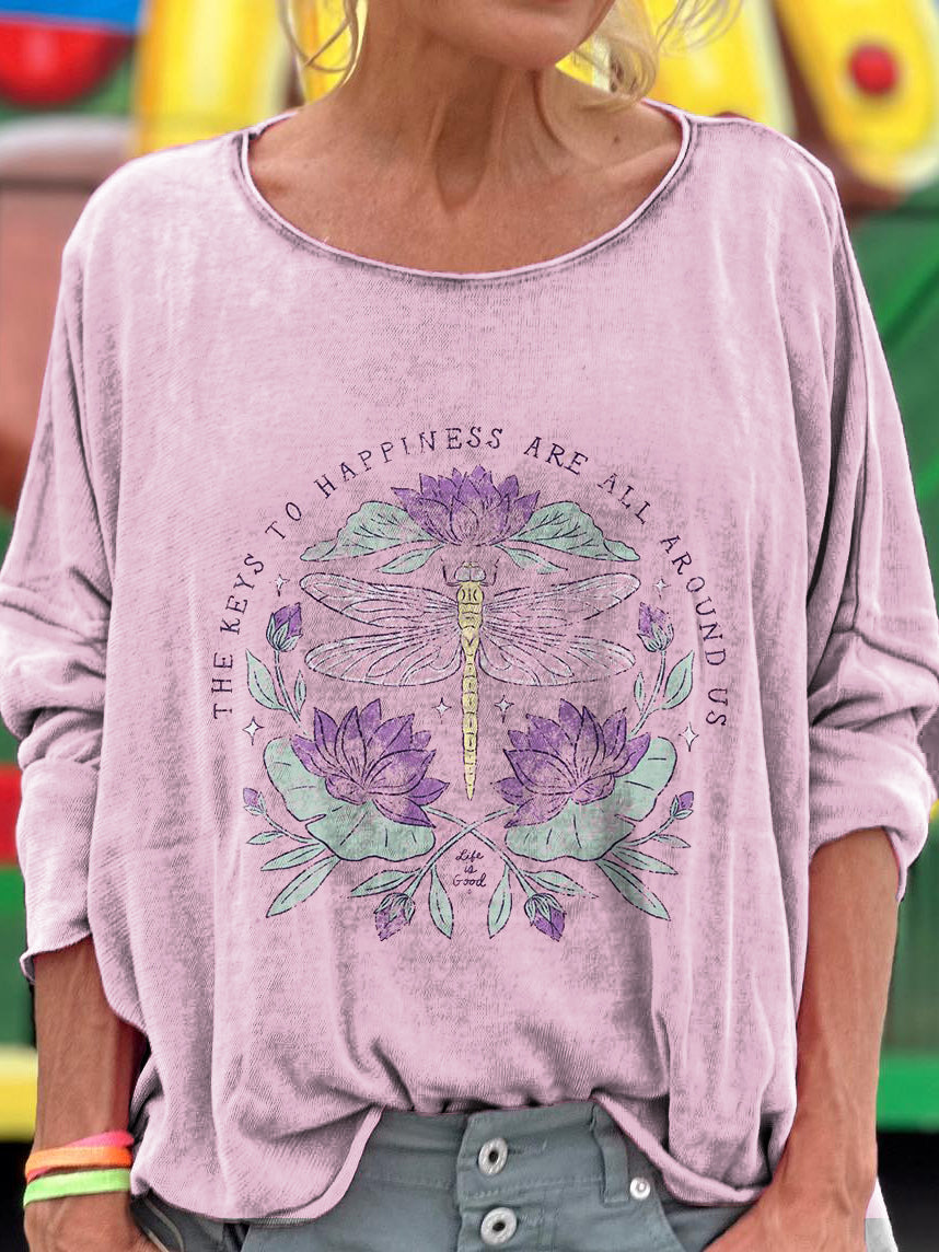 Women's Hippie Dragonfly Art Print Casual Long Sleeve T-shirt