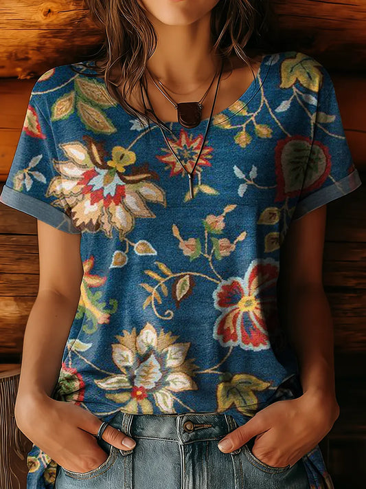 Women's Vintage Floral Pattern Art Print Crew Neck 100% Cotton T-shirt
