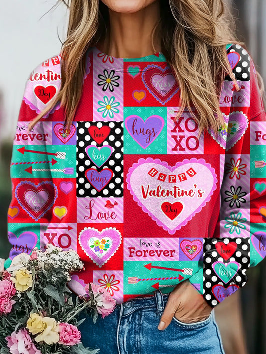 Valentine's Day Patchwork Art Print Casual  Sweatshirt