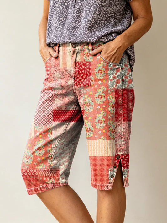 Women's Retro Ethnic Floral Pattern Art Print Casual Five-point Jeans With Pockets