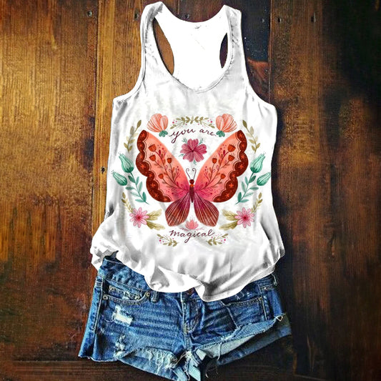 Women's Butterfly Floral Pattern Art Print Tank Top
